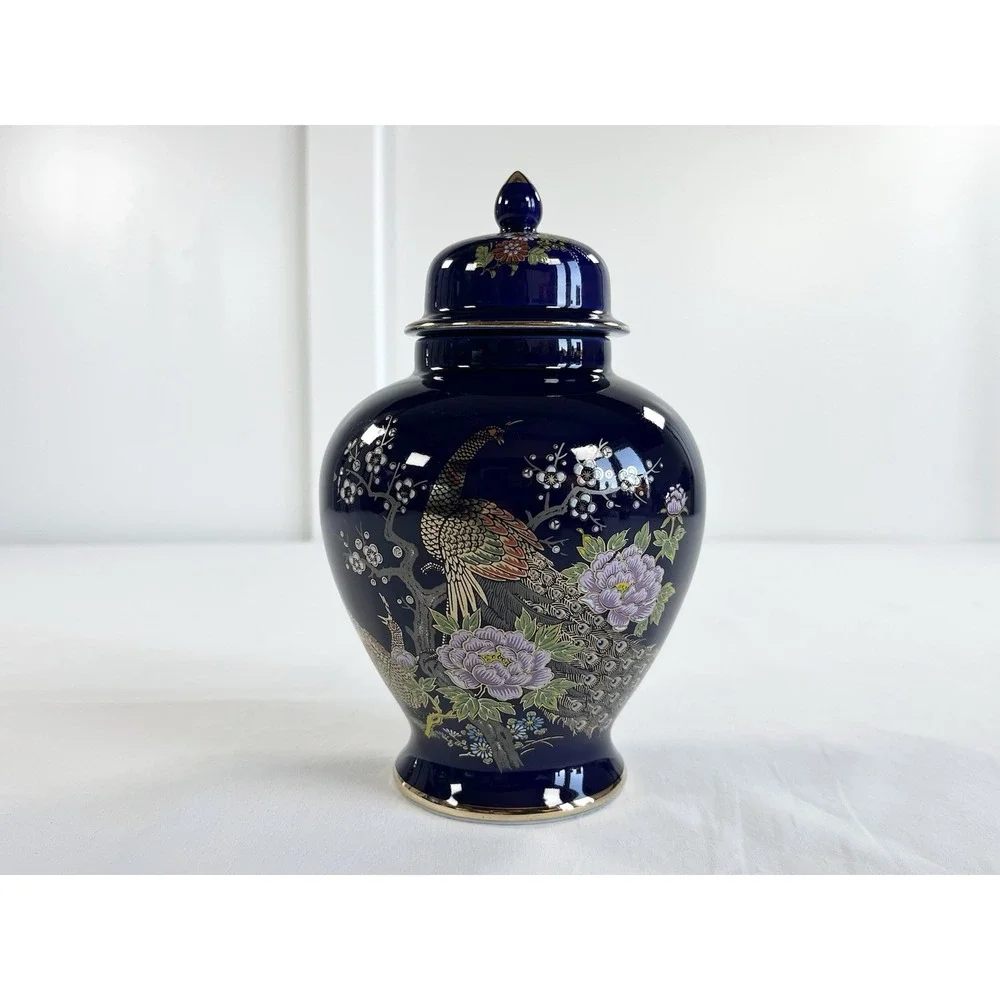 Vintage Japanese Porcelain Ginger Jar Cobalt Blue Gold Peacock Lidded Vase 8